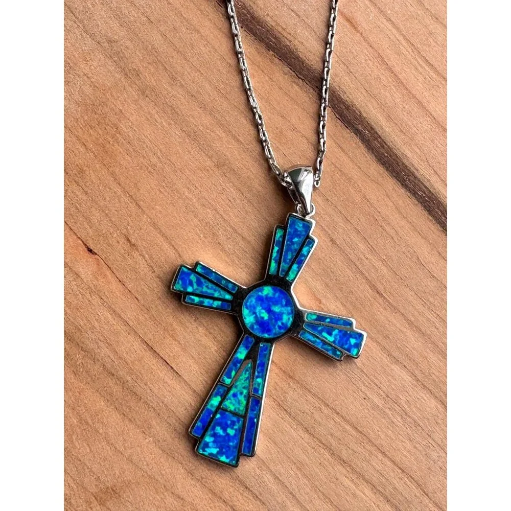 Sterling Silver Cross Pendant Necklace With Blue Opal Inlay 23" Chain For Women - Picture 7 of 8